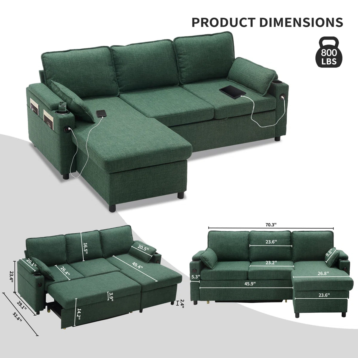 Nimbus Fabric 3 Seater Pull Out Sofa Cum Bed In Olive Green Colour With Storage