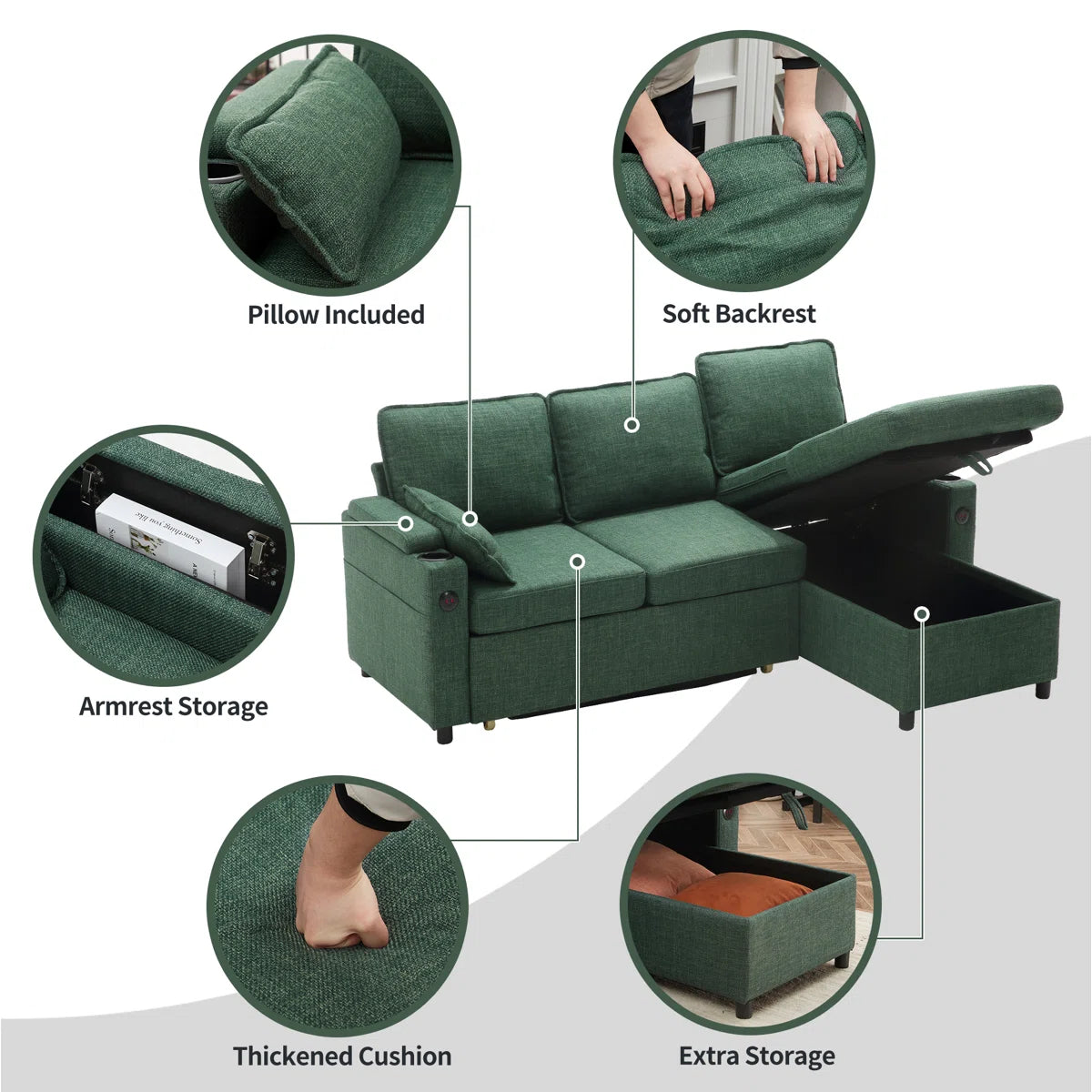 Nimbus Fabric 3 Seater Pull Out Sofa Cum Bed In Olive Green Colour With Storage