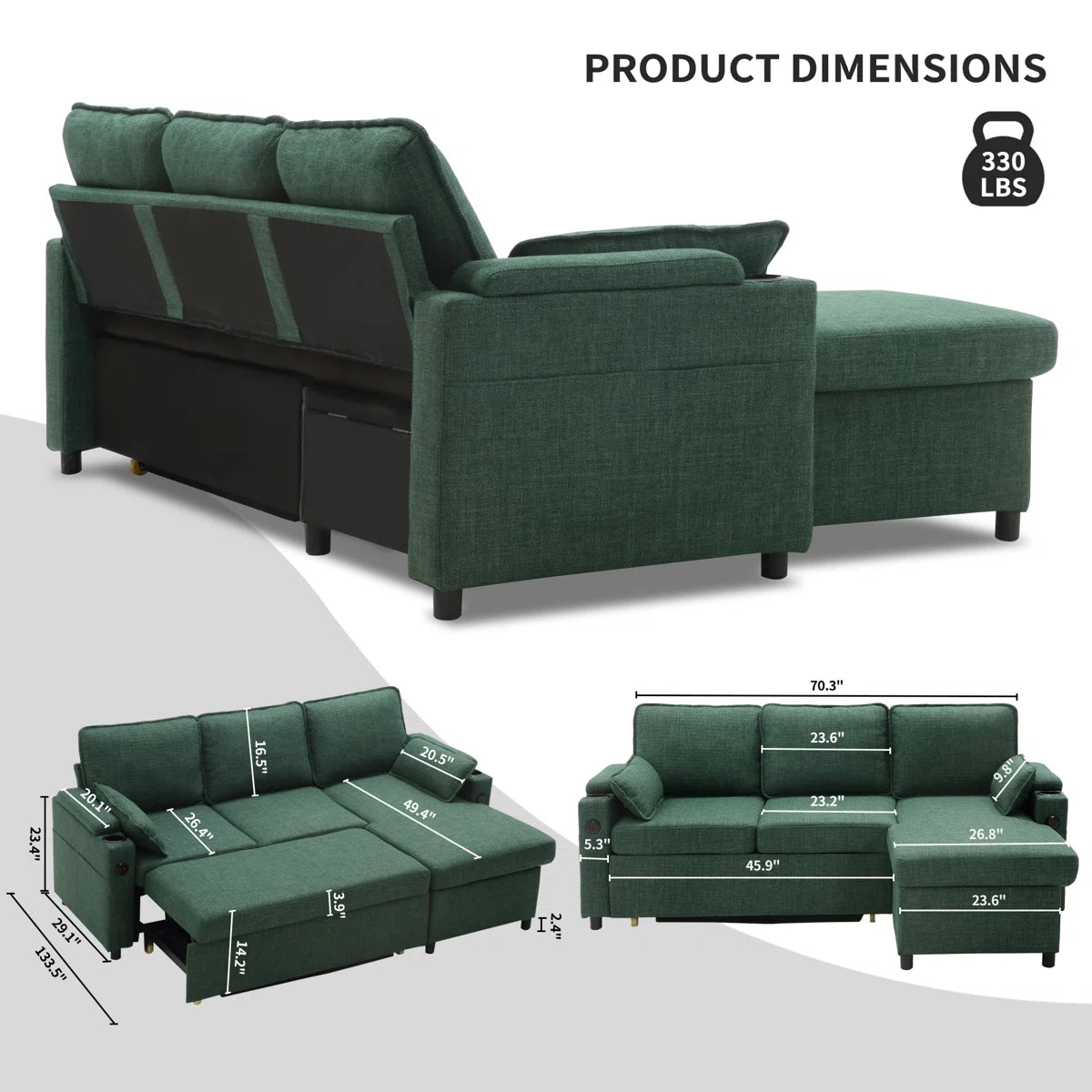 Nimbus Fabric 3 Seater Pull Out Sofa Cum Bed In Olive Green Colour With Storage