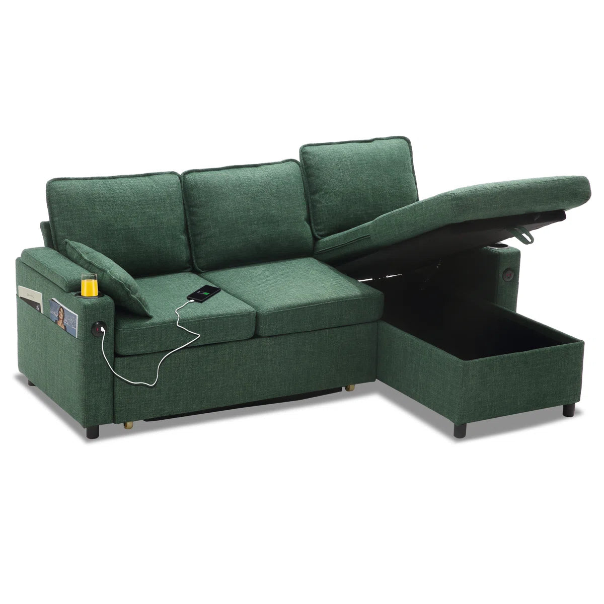 Nimbus Fabric 3 Seater Pull Out Sofa Cum Bed In Olive Green Colour With Storage