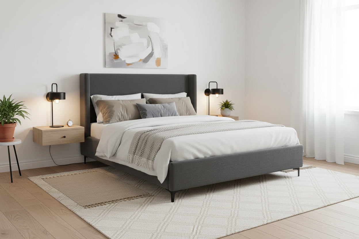 Vilas Fabric Upholstered Queen Size Bed In Charcoal Grey Colour