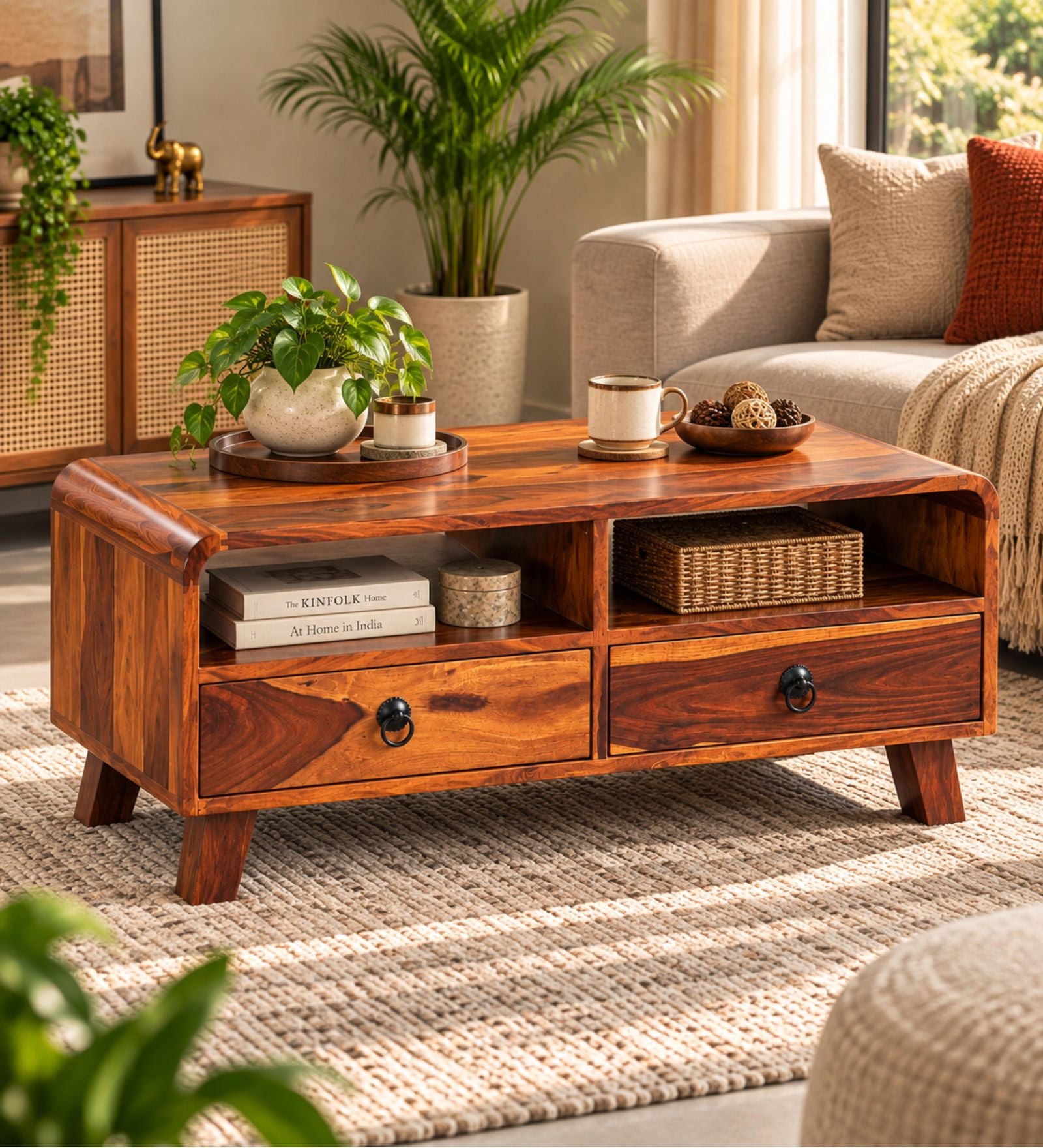 Vina Sheesham Wood Coffee Table In Teak Finish