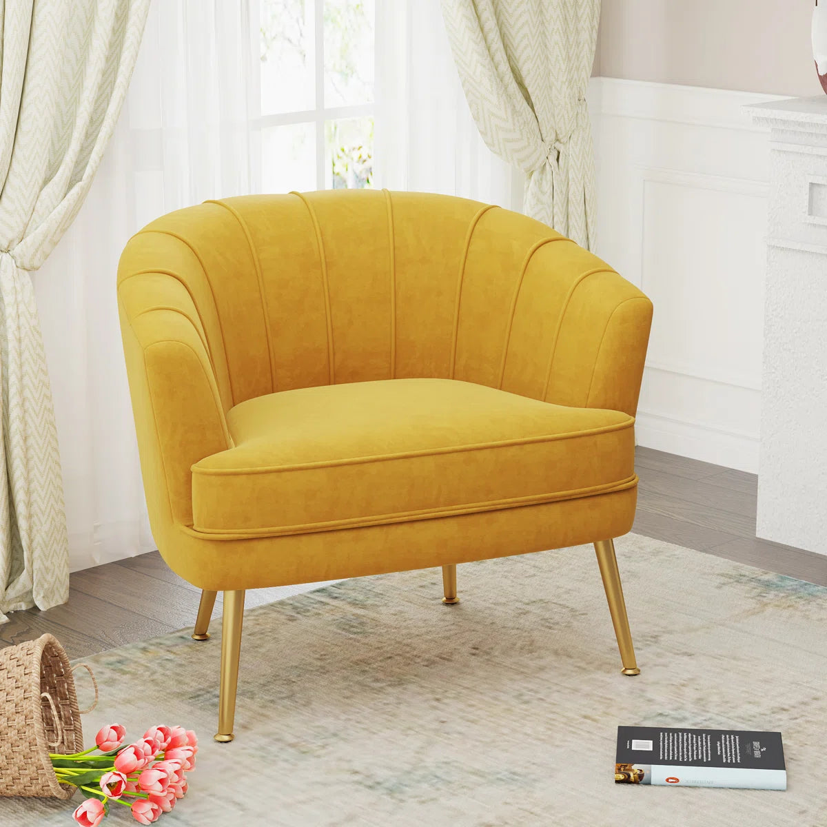 Mellow Velvet Arm Chair In Turmeric Yellow Colour