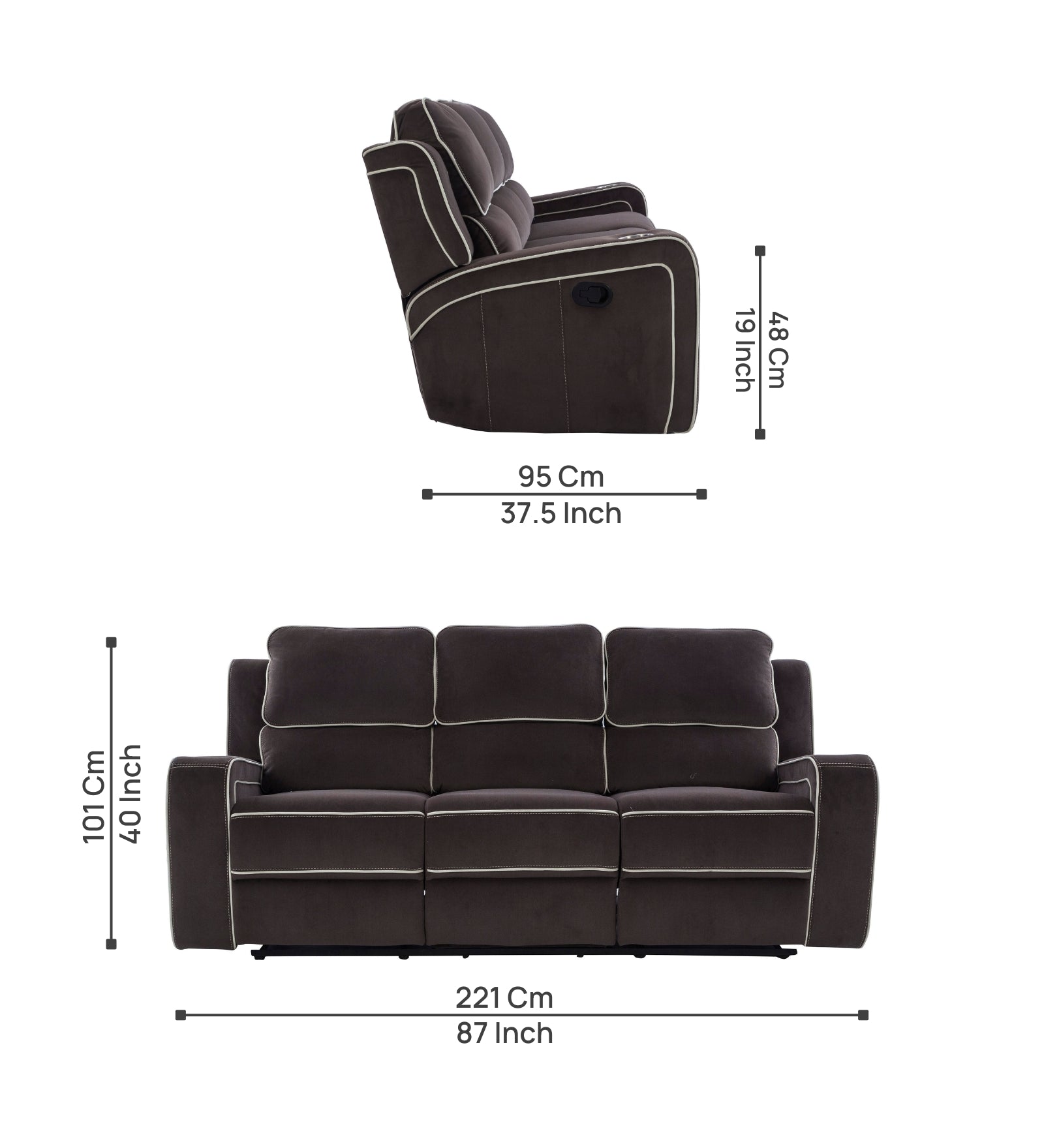 Wave 3 Seater Motorized Velvet Recliner - Mocha Brown - Dimensions by Febonic Living