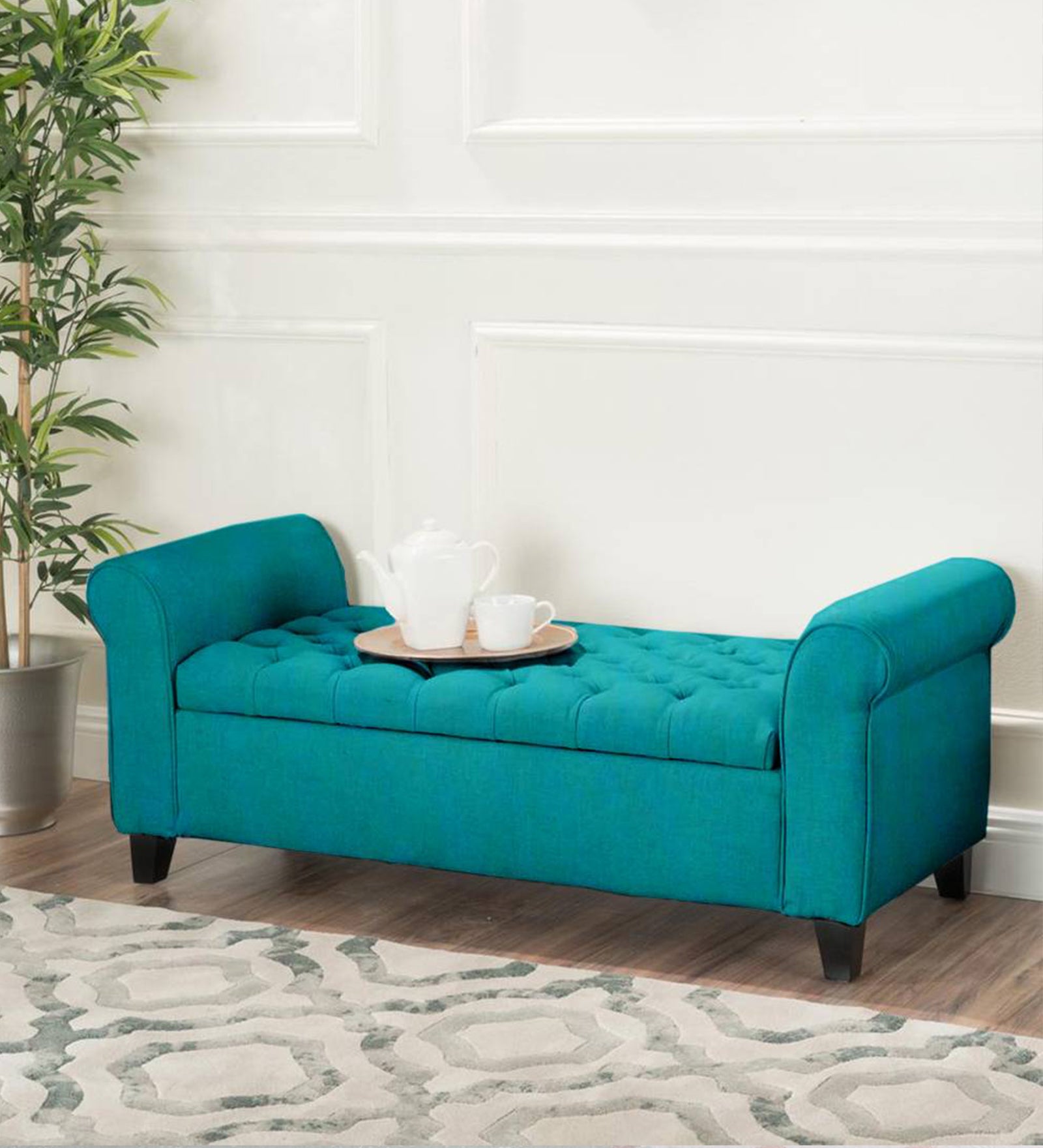 Nowia Fabric 2 Seater Recamier In Sea Green Colour With Storage - Febonic Living