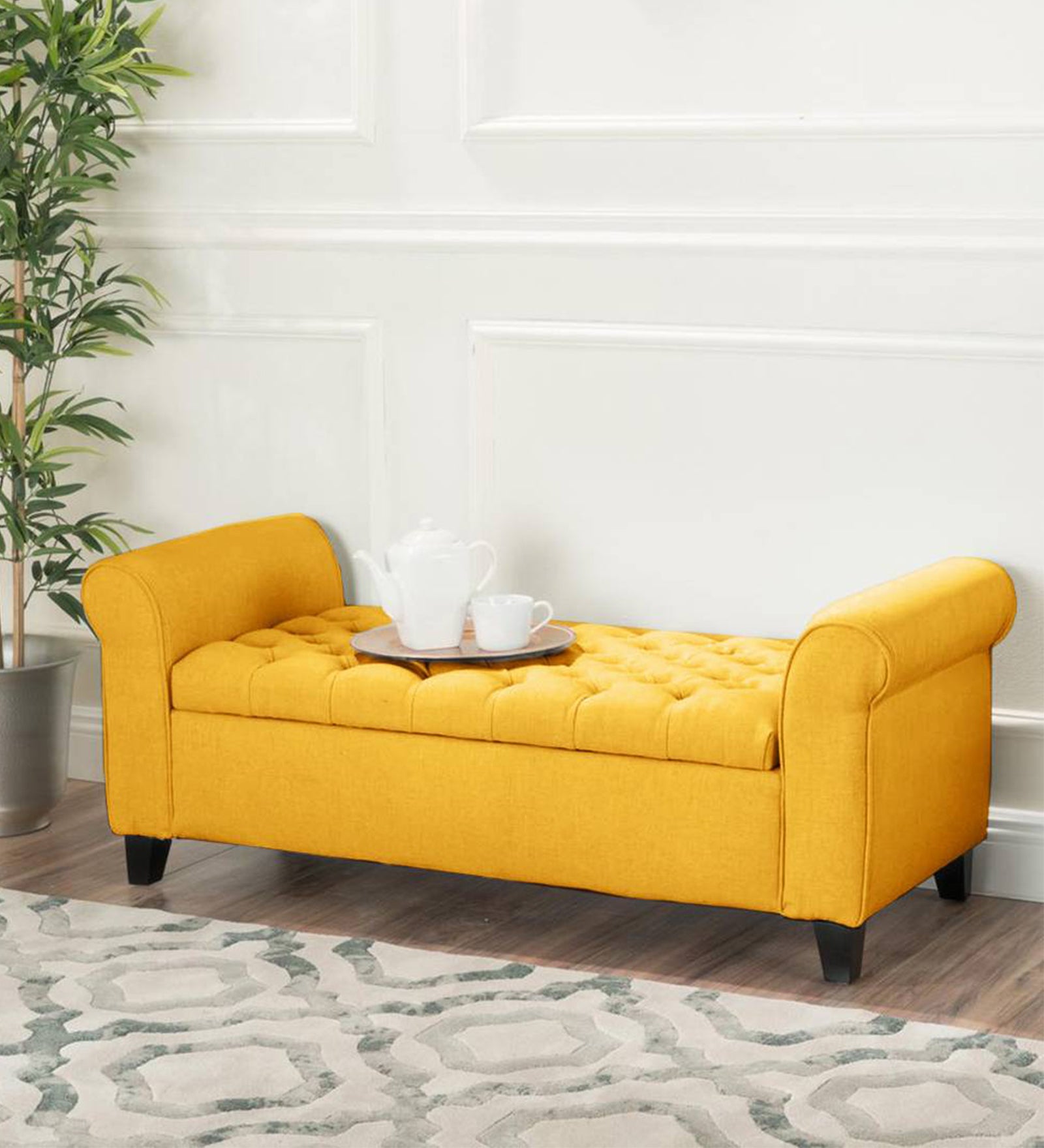 Nowia Fabric 3 Seater Recamier In Bold Yellow Colour With Storage - Febonic Living