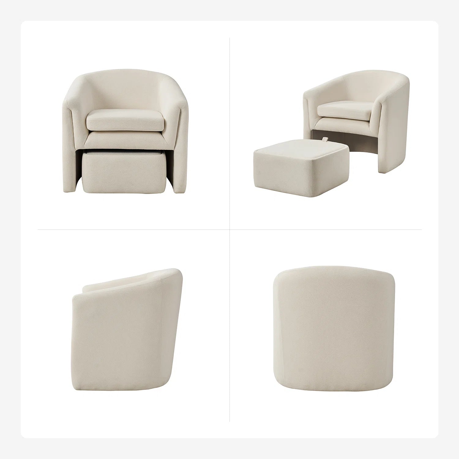 Alvaro Fabric Barrel Chair + Storage Ottoman in Ivory Cream Colour