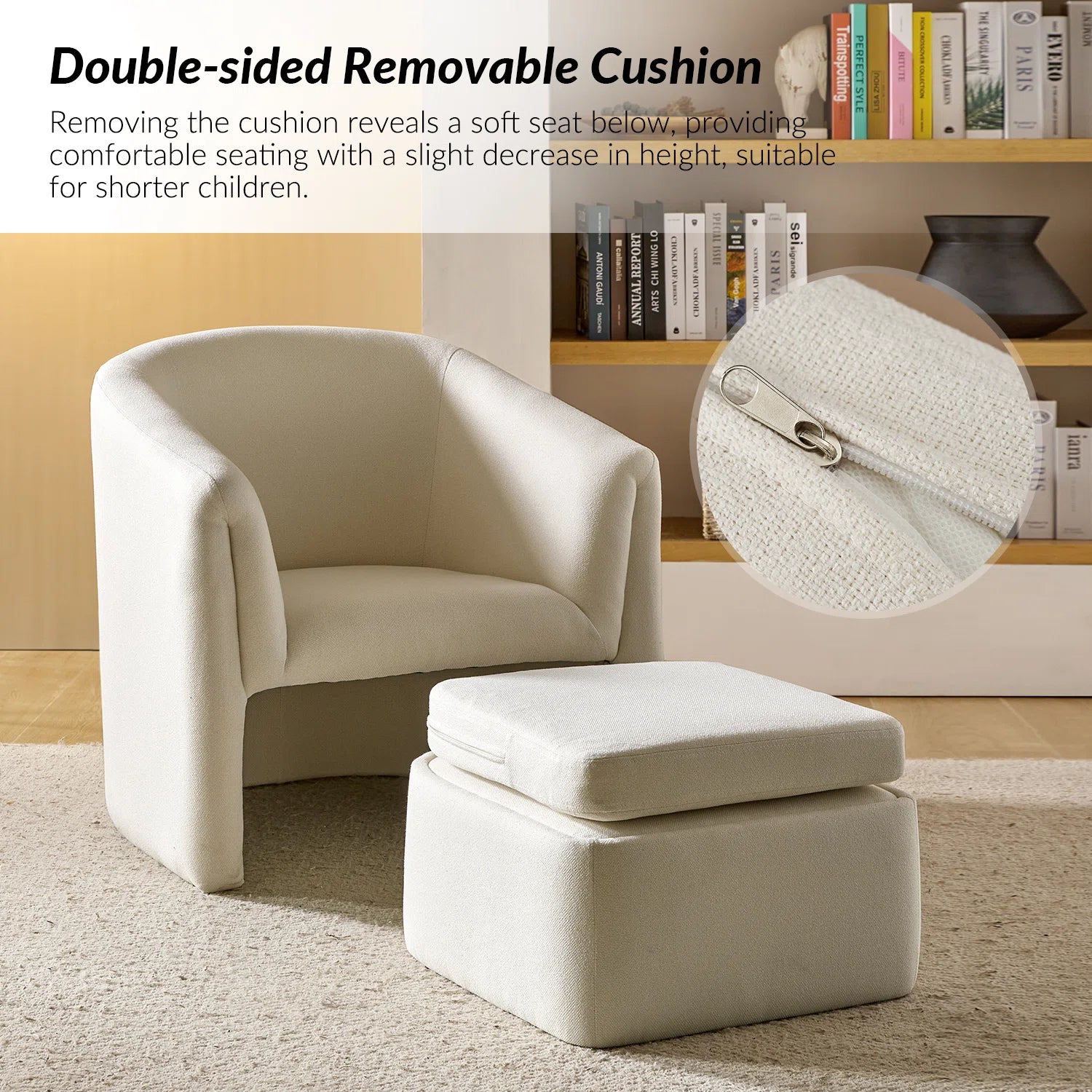 Alvaro Fabric Barrel Chair + Storage Ottoman in Ivory Cream Colour