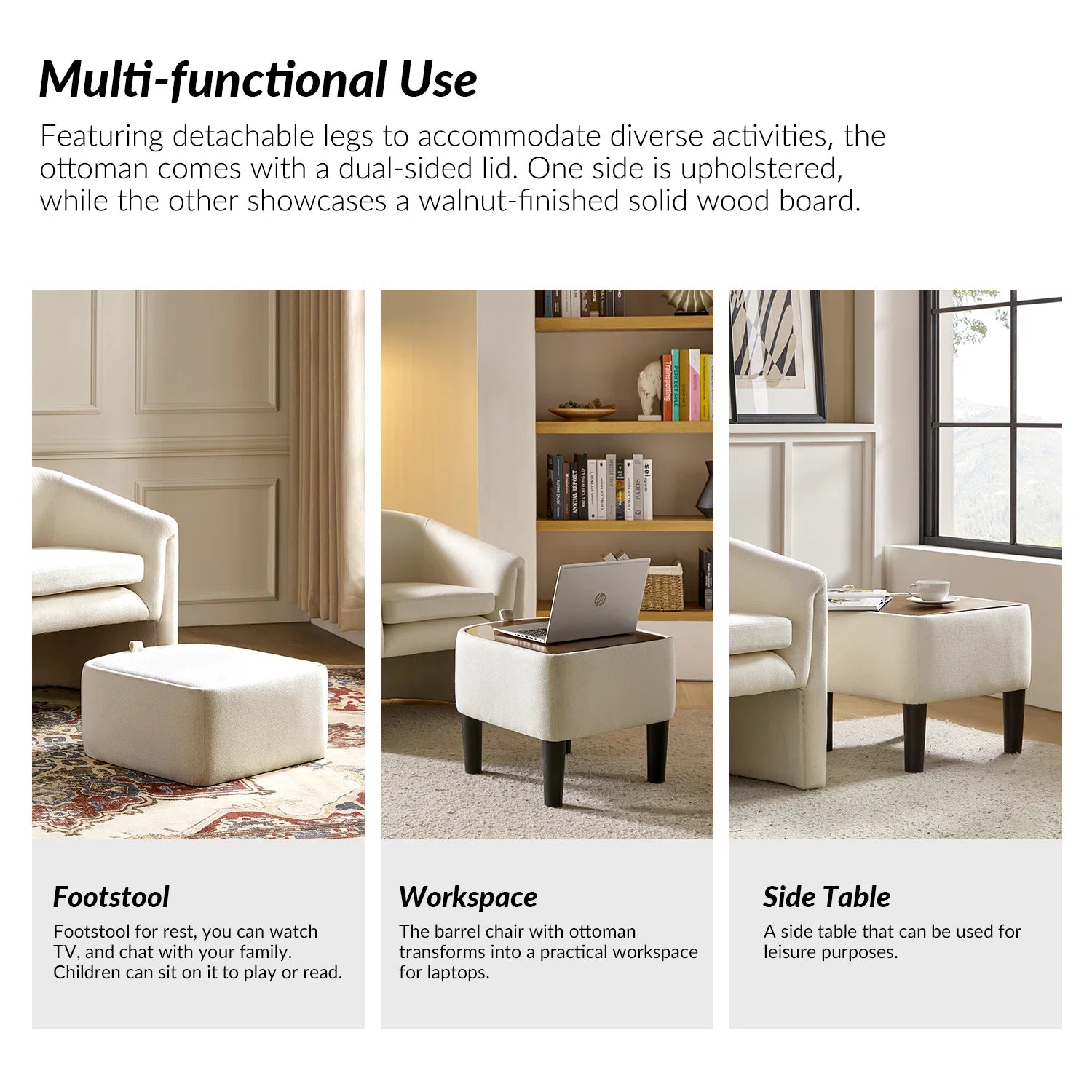 Alvaro Fabric Barrel Chair + Storage Ottoman in Ivory Cream Colour