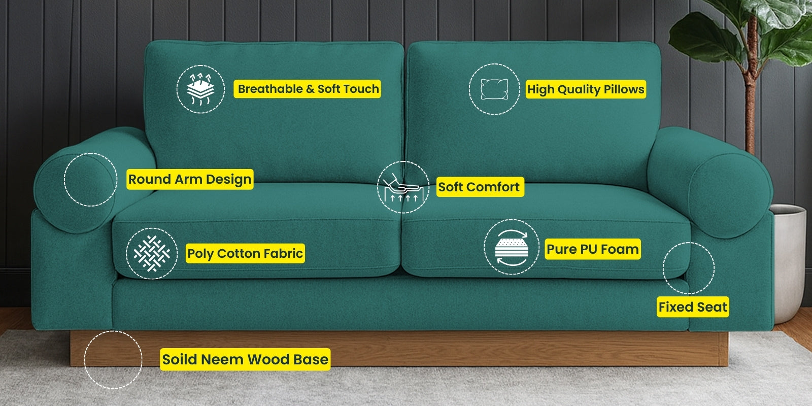 Yuma Fabric 2 Seater Sofa In Bold Yellow Colour
