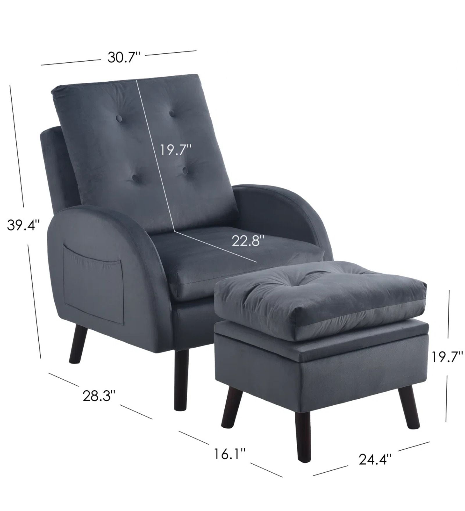 Yuvil Velvet Barrel Chair With Ottoman In Light Grey Colour