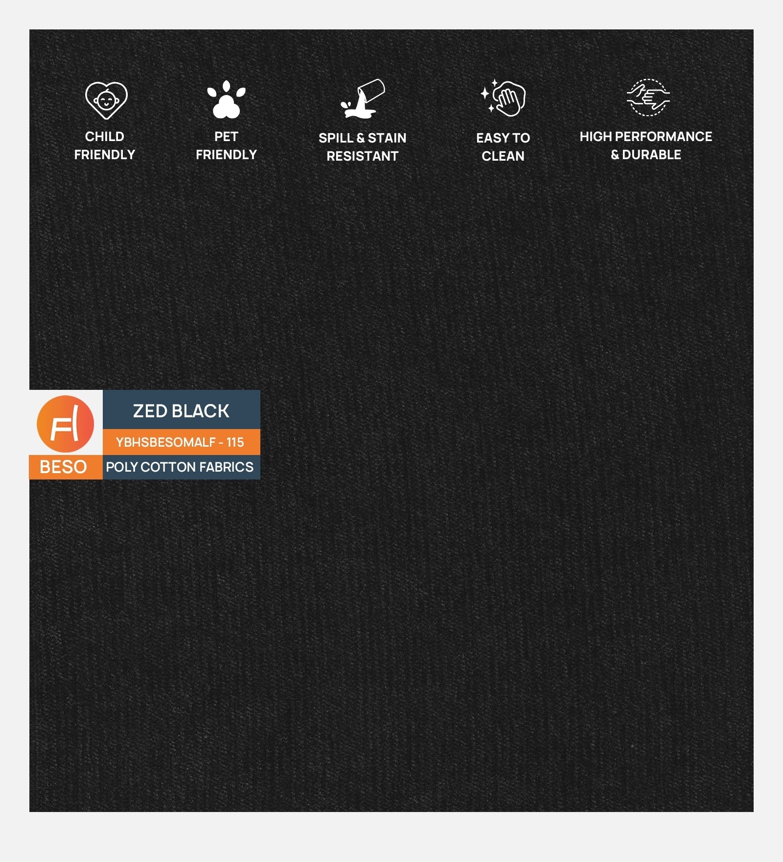 Polycotton Beso Fabric Zed Black 115 Code - Febonic Living