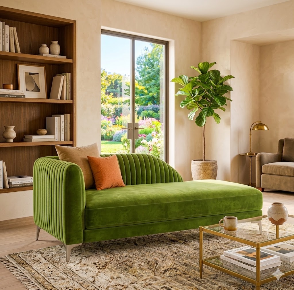 Zenith 3 Seater Velvet Fabric Chaise Lounger - Dark Olive Green - Front Image