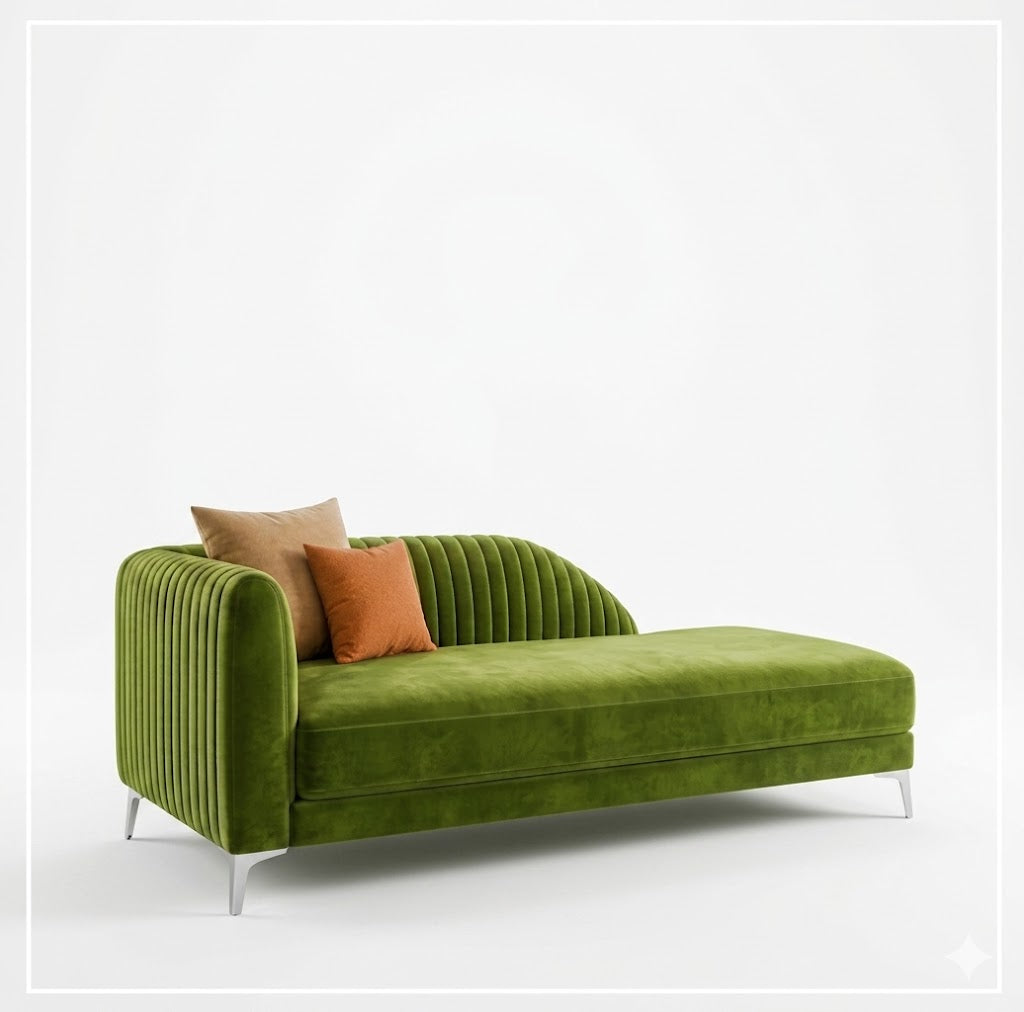 Zenith 3 Seater Velvet Fabric Chaise Lounger - Dark Olive Green - 2