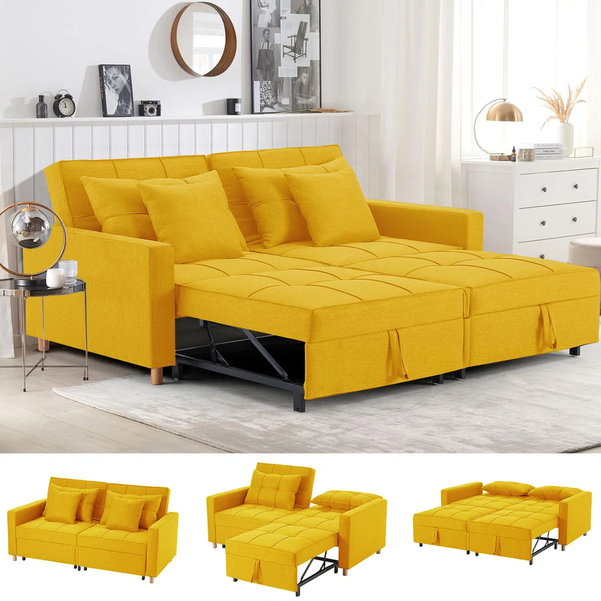 Zoric Fabric 2 Seater Pull Out Sofa Cum Bed In Bold Yellow Colour