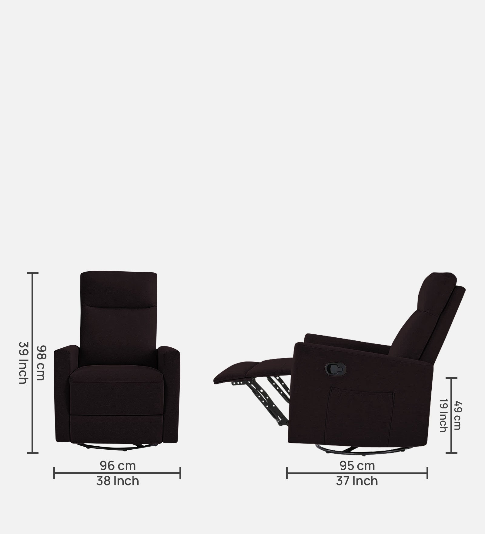 Zura 1 Seater Rotating Motorized Fabric Recliner - Cara Brown - Dimensions by Febonic Living