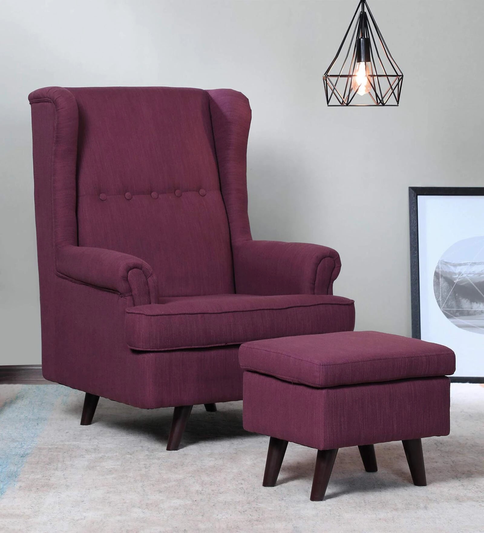 Cuddle Fabric Wing Chair In Wine Colour With Foot Stool