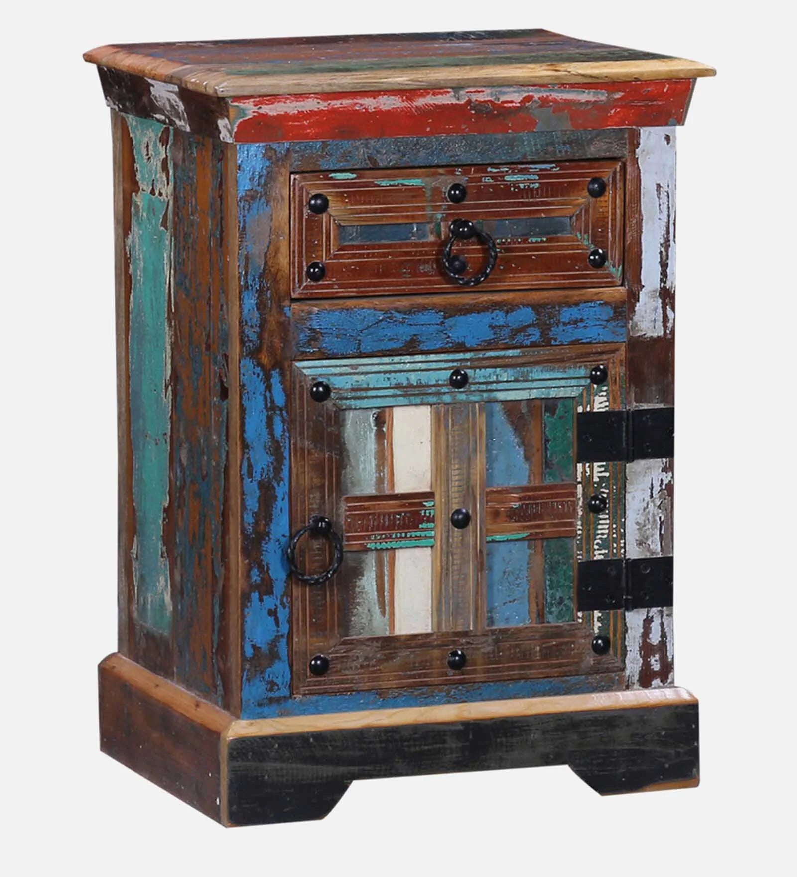 Ezla Reclaimed Wood Bedside Table In Distress Finish With Drawers - Febonic Living
