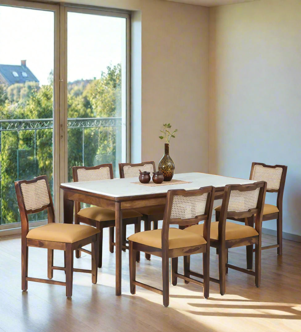 Tanu Sheesham Wood 6 Seater Dining Set In Provincial Teak Finish With Marble Top - Febonic Living
