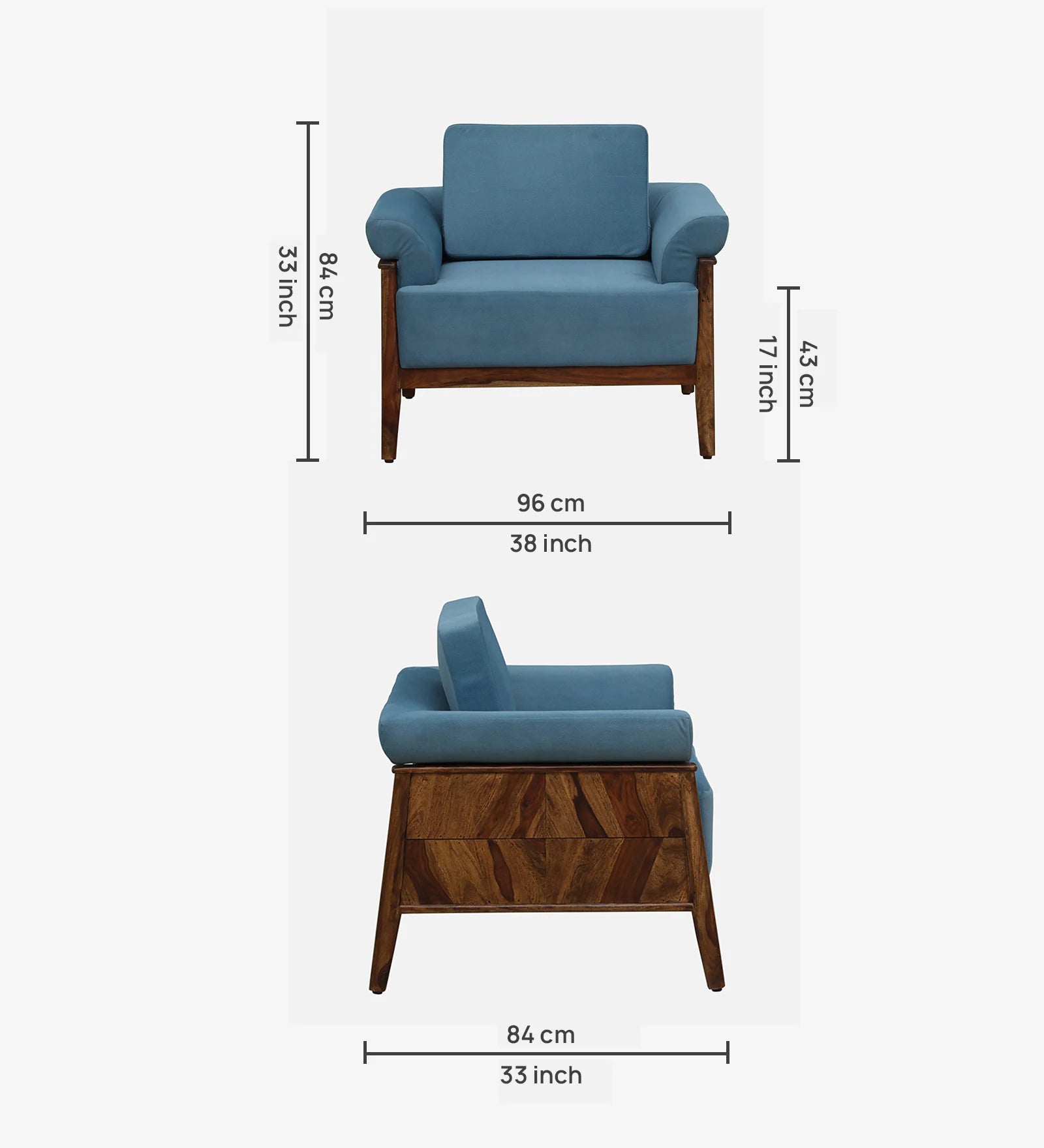 Chalki Sheesham Wood 1 Seater Sofa In Blue Colour - Febonic Living
