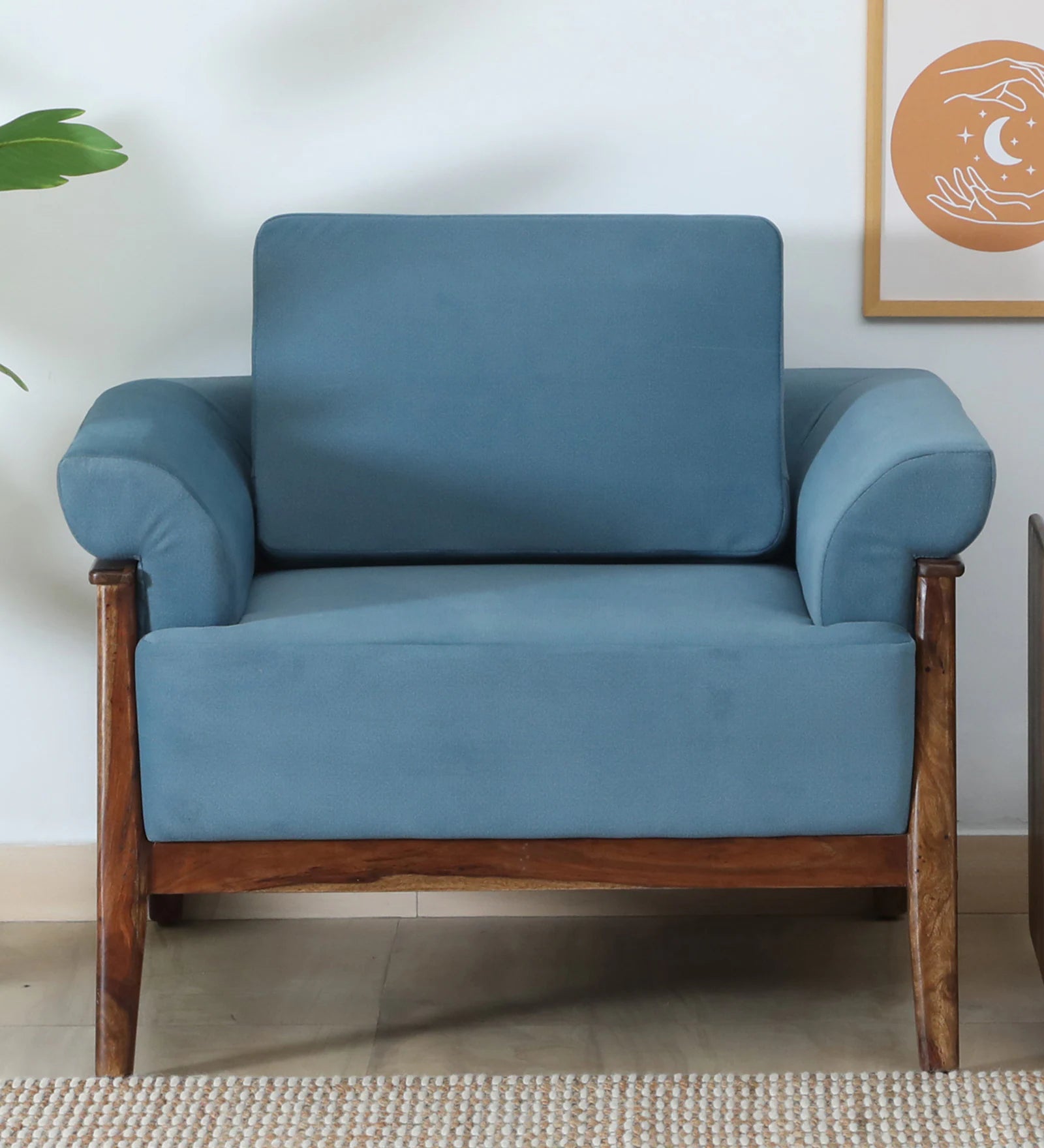 Chalki Sheesham Wood 1 Seater Sofa In Blue Colour - Febonic Living