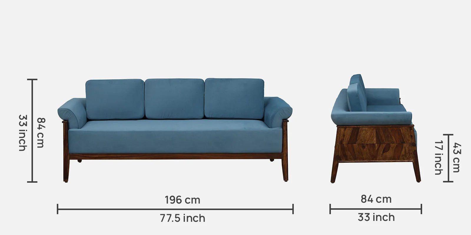 Chalki Sheesham Wood 3 Seater Sofa In Blue Colour - Febonic Living