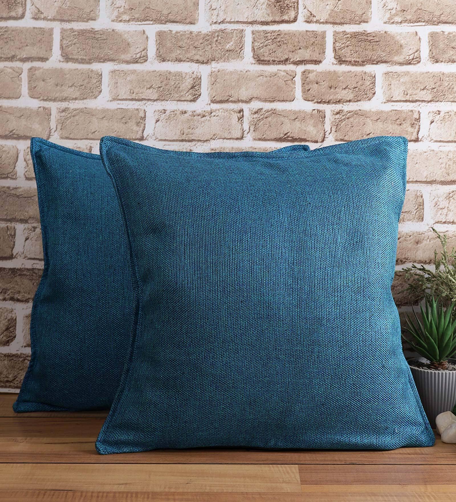 Charlie Jute Fabric (18x18in) Sofa Pillows In Blue Colour (Pack of 2) - Febonic Living