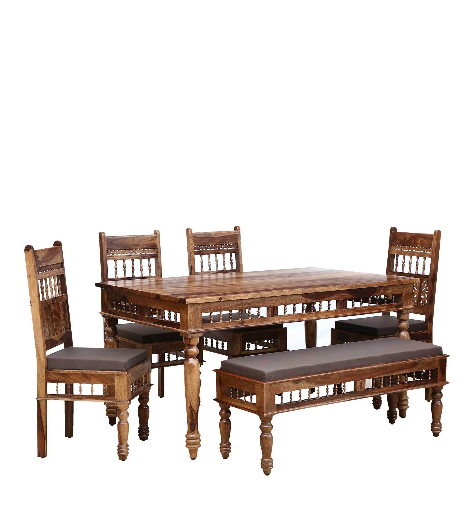 Gati Sheesham Wood 6 Seater Dining Set In Scratch Resistant Rustic teak Finish With Bench - Febonic Living