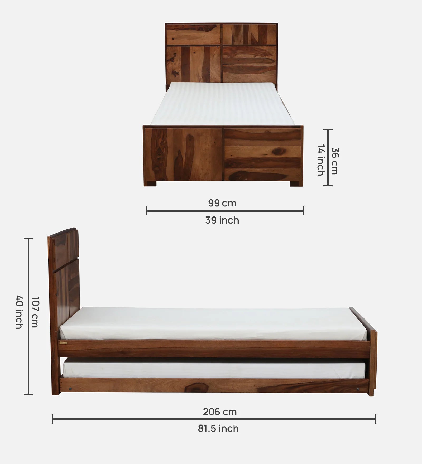 Thor Sheesham Wood Single Bed In Rustic Teak Finish With Trundle - Febonic Living