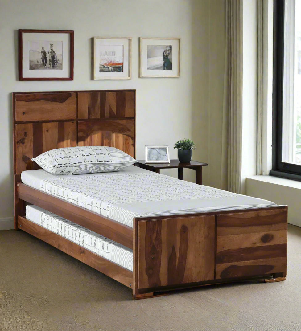 Thor Sheesham Wood Single Bed In Rustic Teak Finish With Trundle - Febonic Living