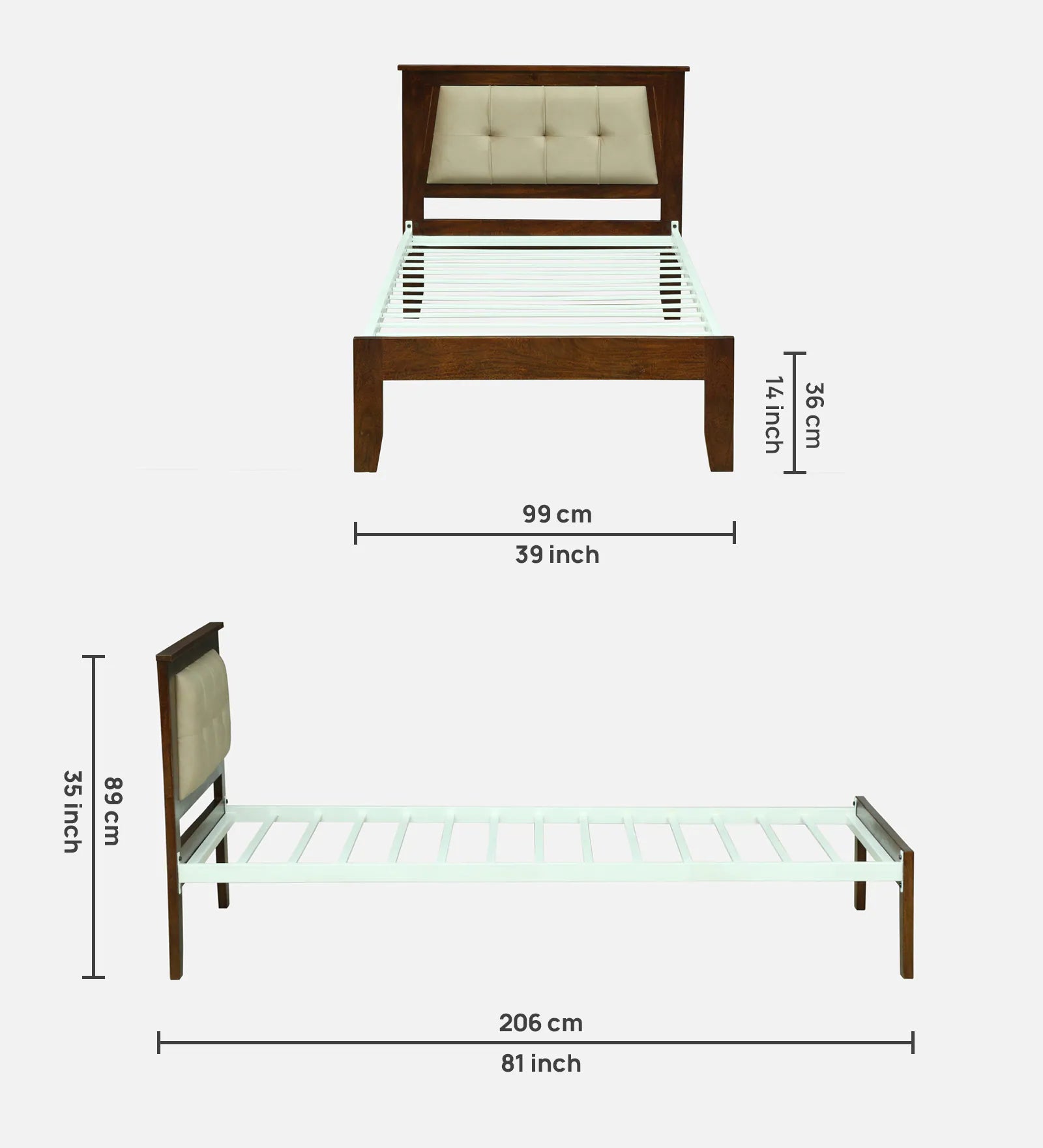 Verso Mango Wood Single Size Bed With Metal Side Rail In Tubbaq Finish