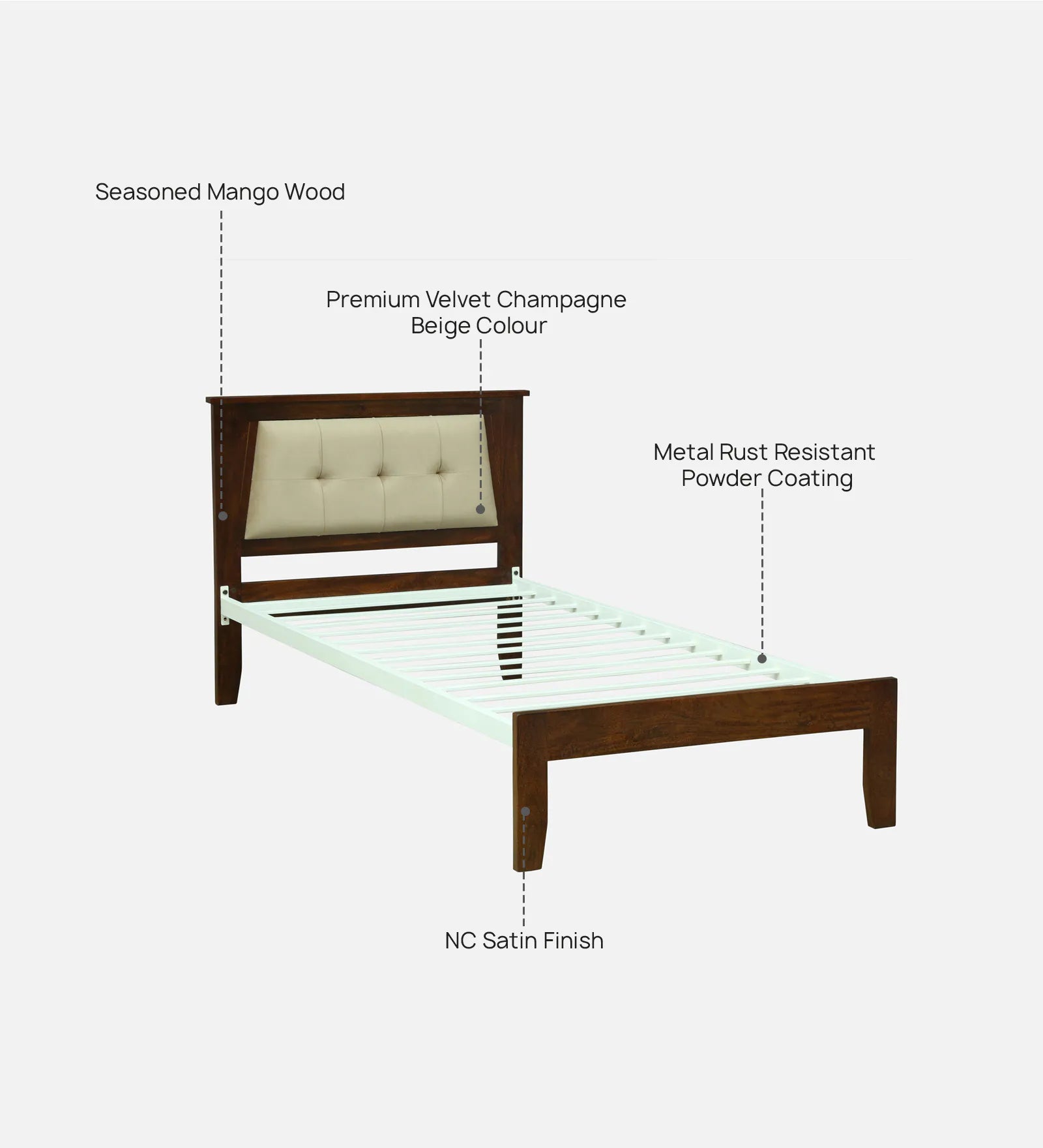 Verso Mango Wood Single Size Bed With Metal Side Rail In Tubbaq Finish