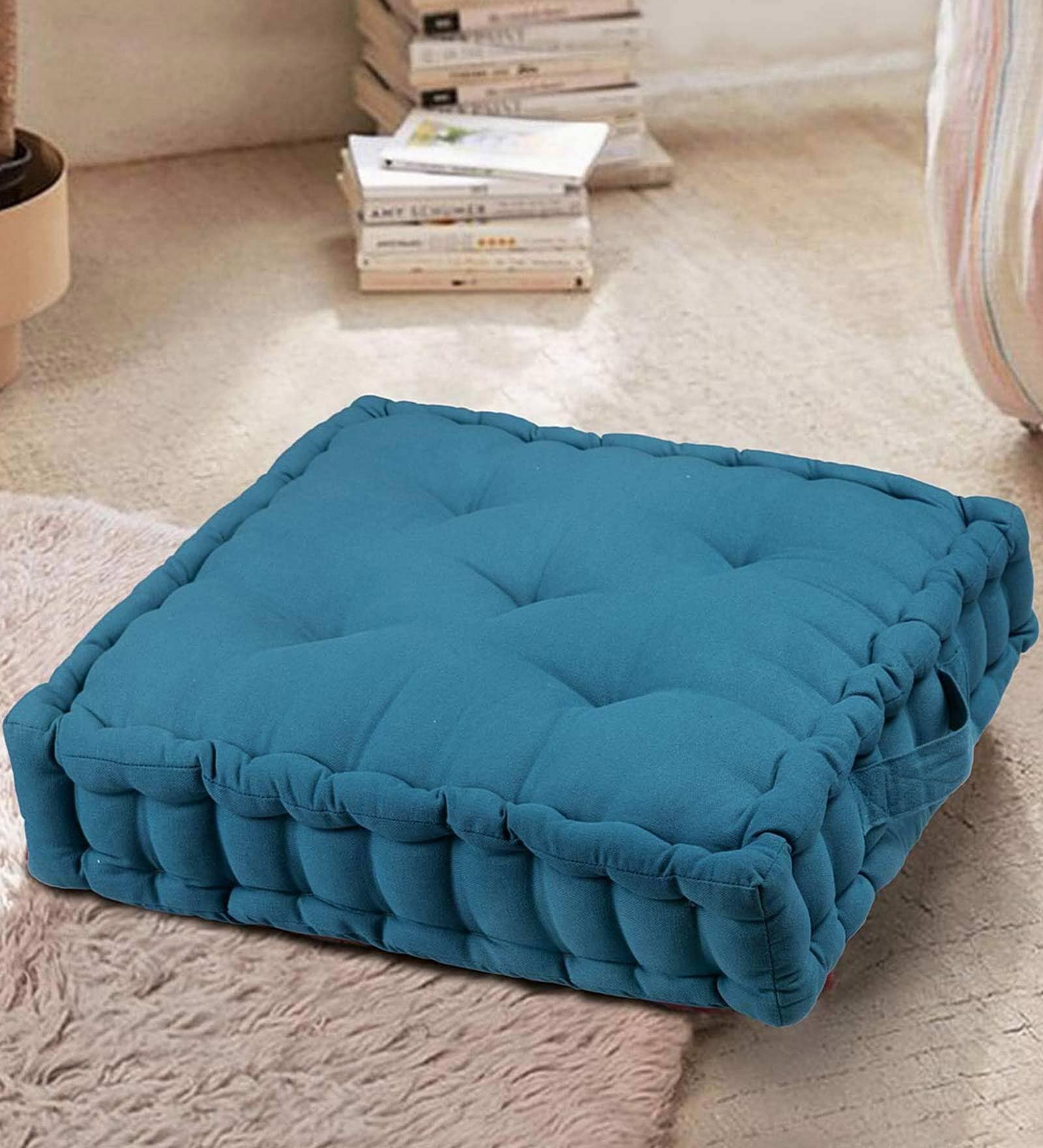 Nick Fabric 16x16 inches Floor Cushion In Blue Colour - Febonic Living