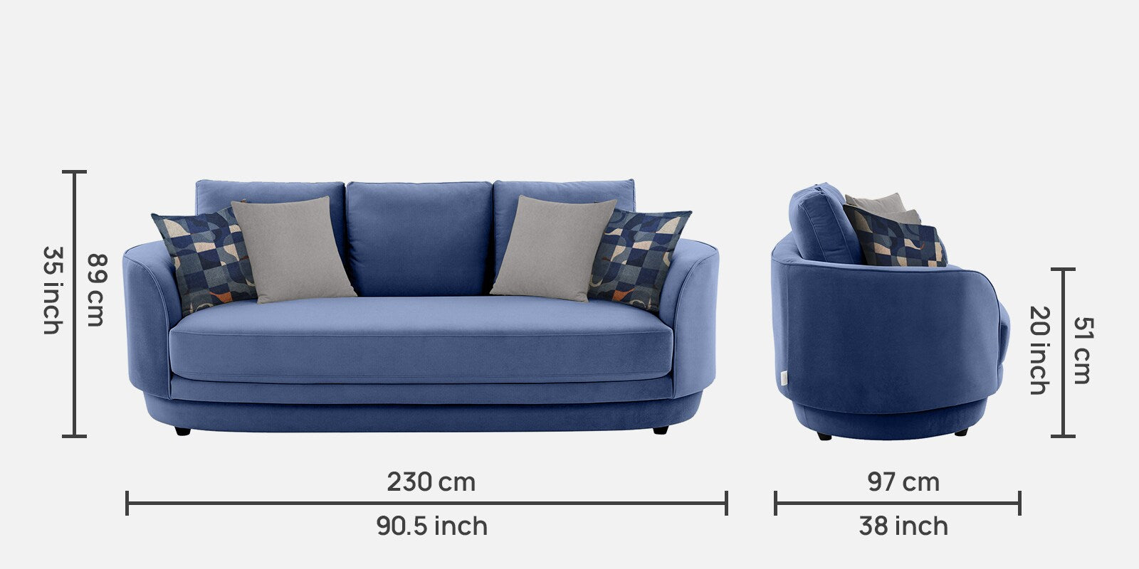 Tome Velvet 3 Seater Sofa In Imperial Blue Color