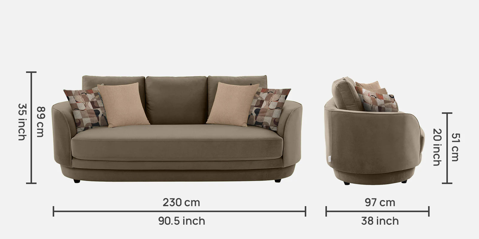 Tome Velvet 3 Seater Sofa In Shade Brown Color