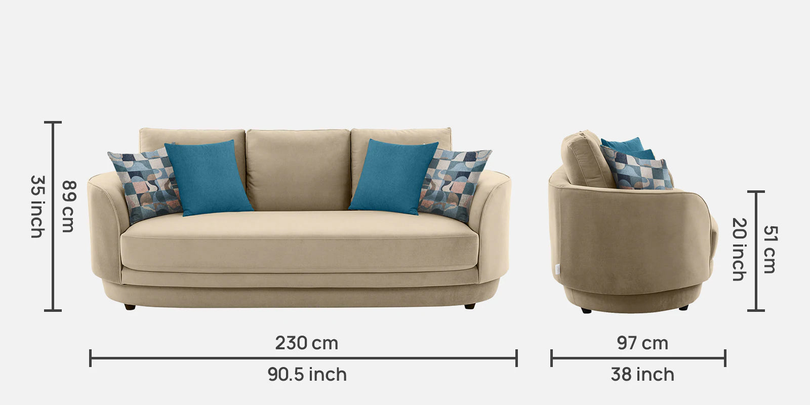 Tome Velvet 3 Seater Sofa In Cream Beige Color