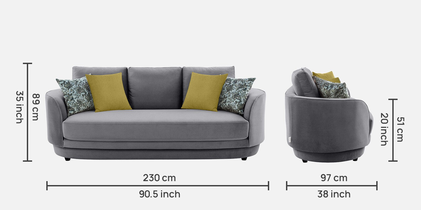 Tome Velvet 3 Seater Sofa In Concrete Grey Color