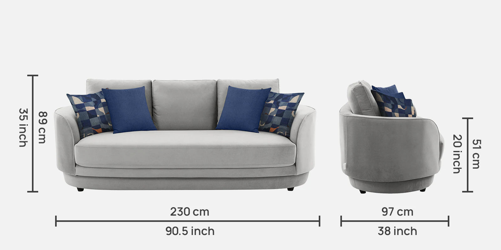 Tome Velvet 3 Seater Sofa In Light Grey Color
