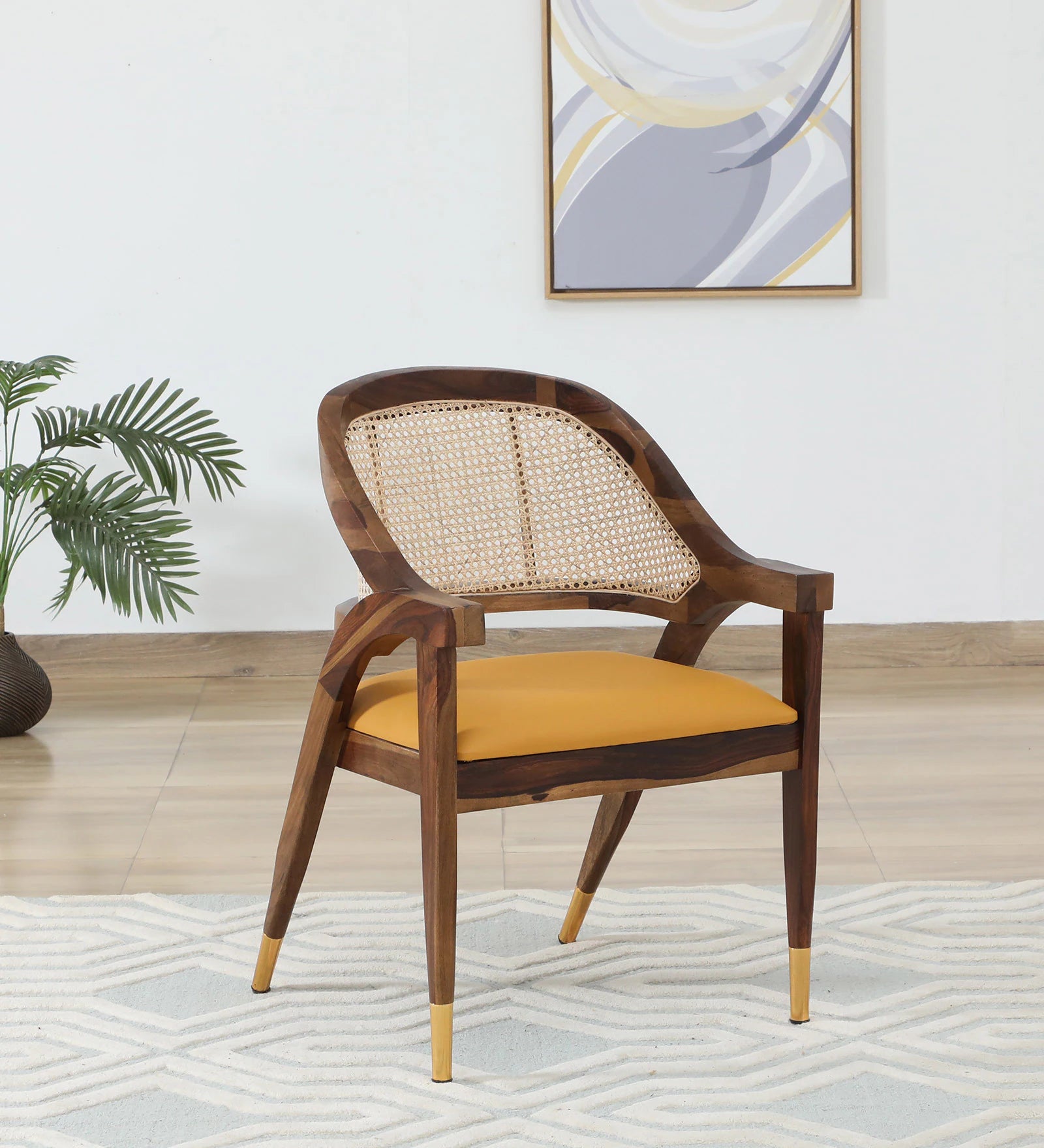 Multa Sheesham Wood Arm Chair In Provincial Teak Finish with Natural Cane Mesh - Febonic Living
