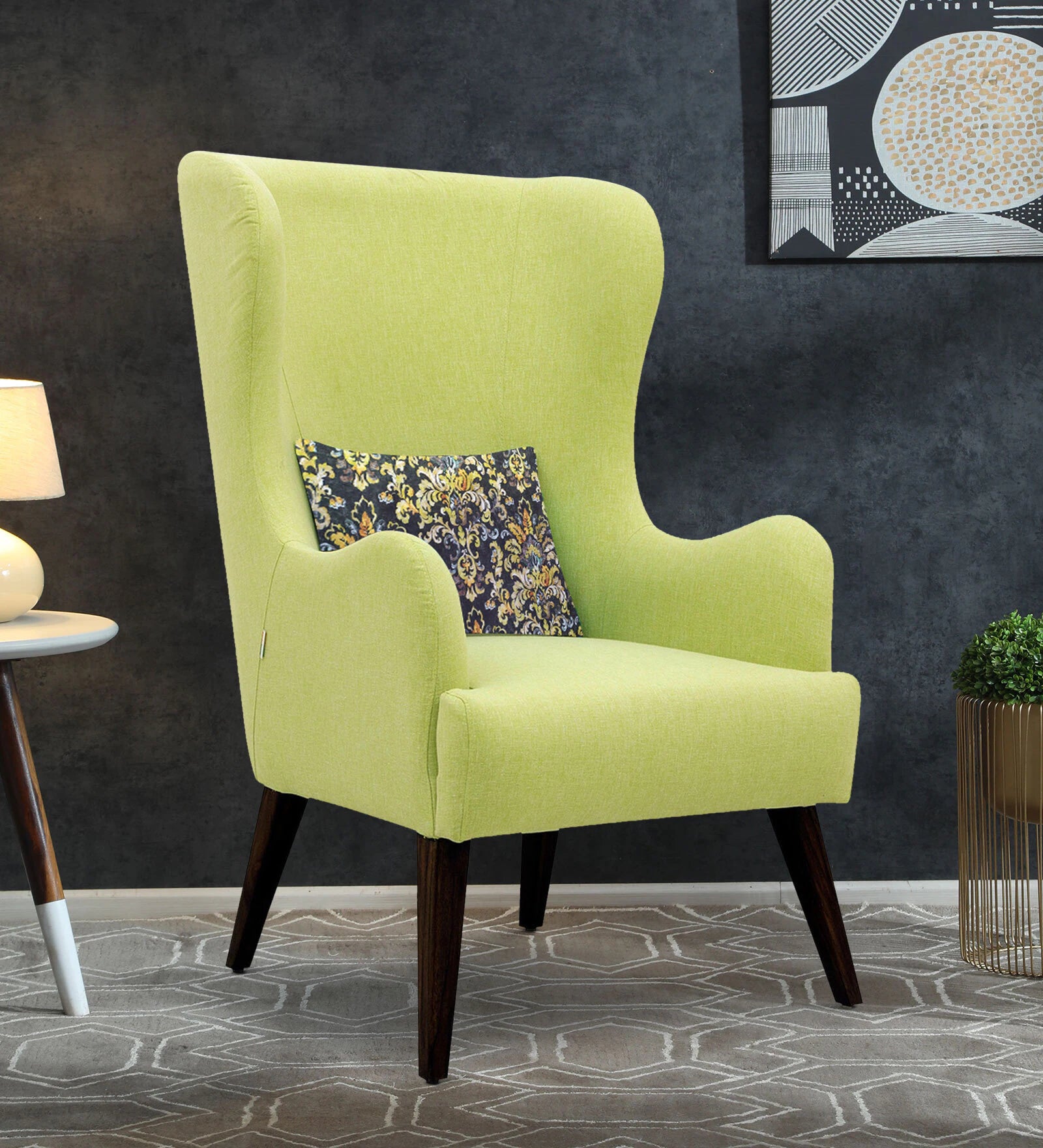 Jeyu Fabric Wing Chair In Lime Green Colour