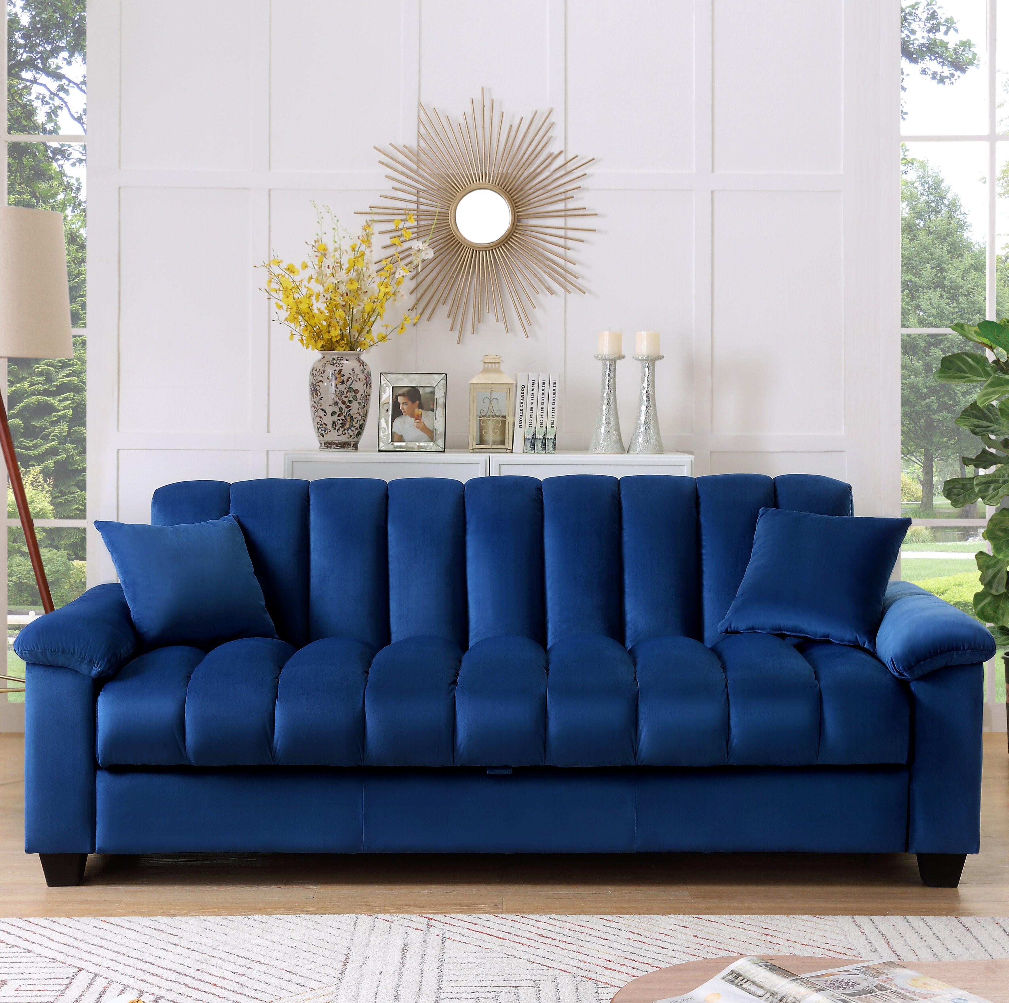 Kavan Velvet 3 Seater Convertible Sofa Cum Bed In Imperial Blue Colour With Storage - Febonic Living