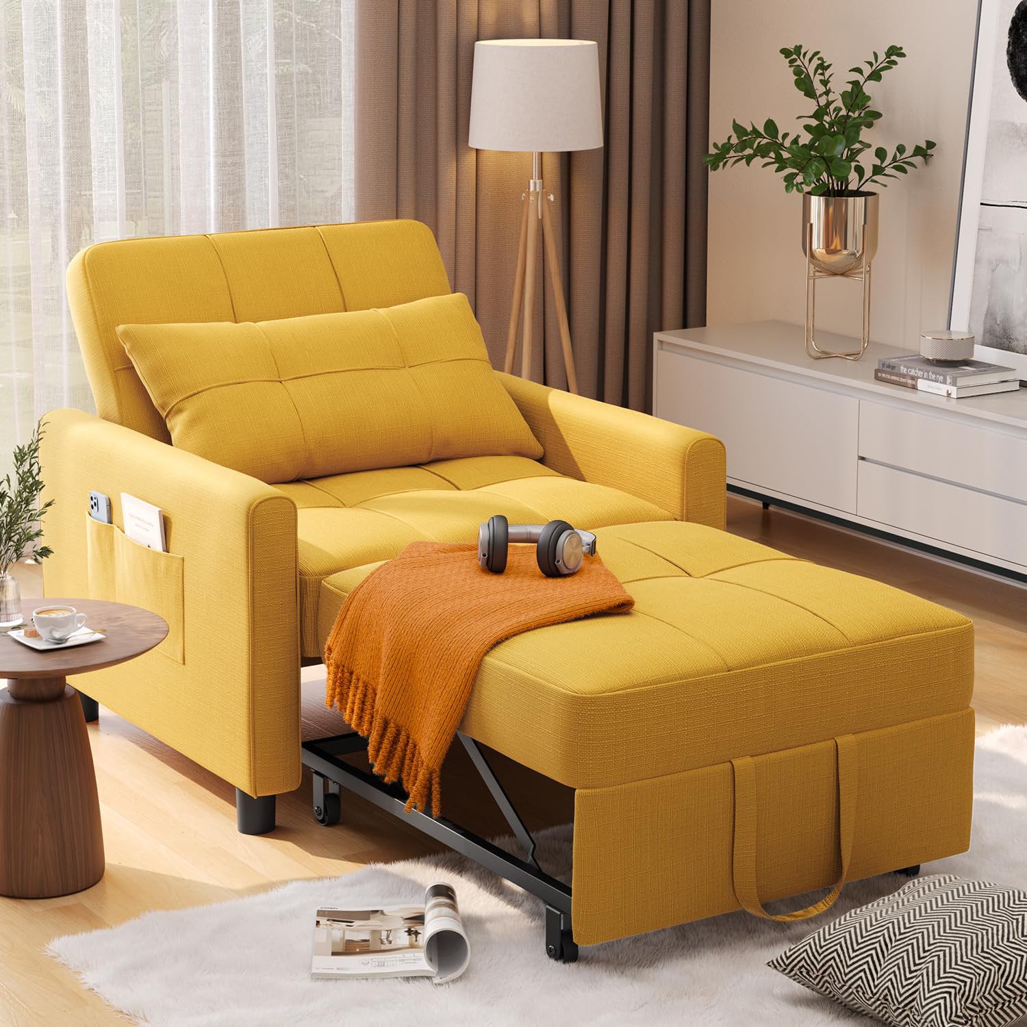 Puppy Fabric 1 Seater Pull Out Sofa Cum Bed In Bold Yellow Colour - Febonic Living