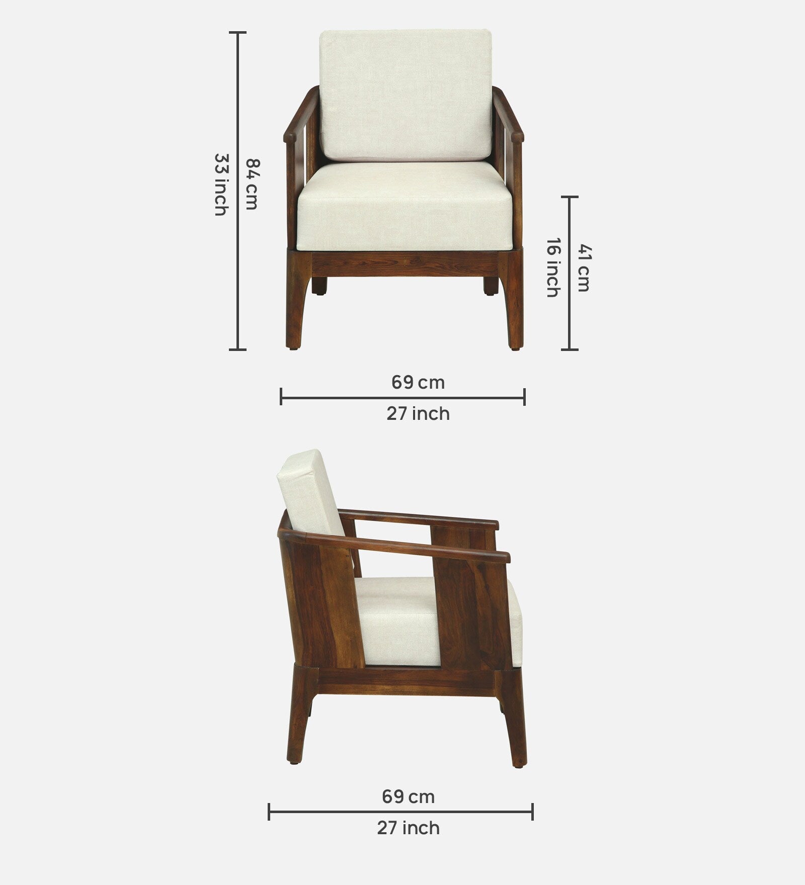 Bano Sheesham Wood 1 Seater Sofa In Beige Colour