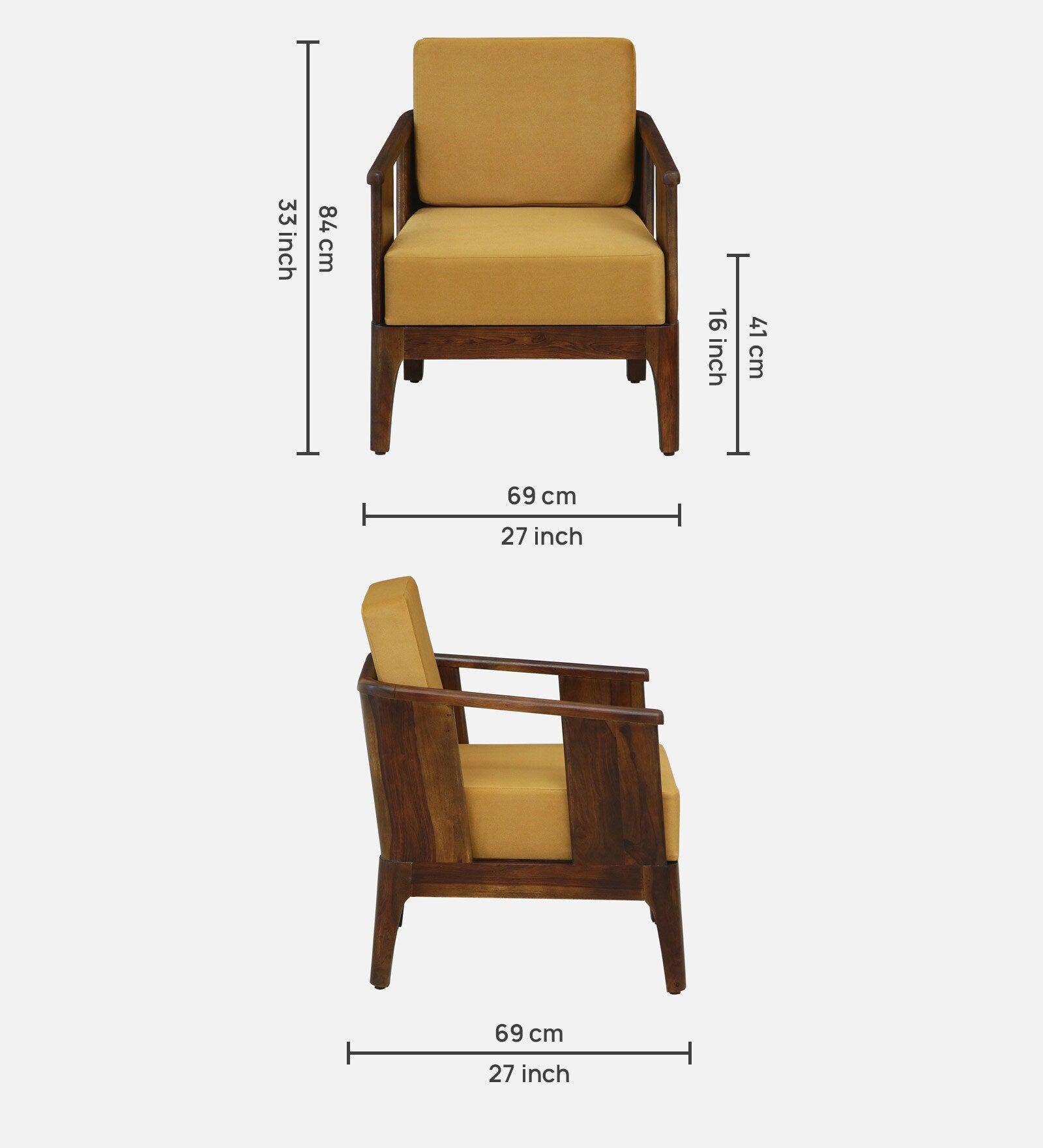 Bano Sheesham Wood 1 Seater Sofa In Mustard Colour