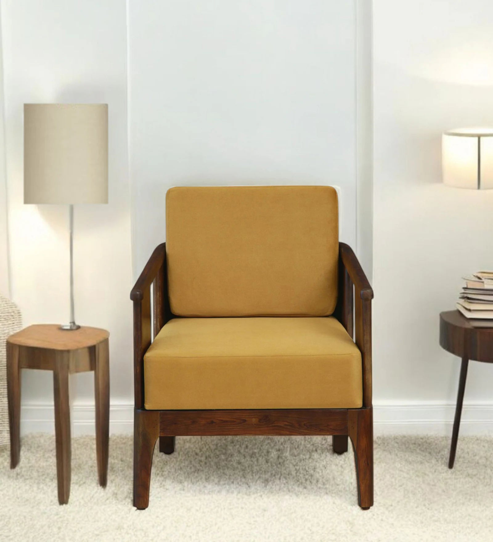 Bano Sheesham Wood 1 Seater Sofa In Mustard Colour
