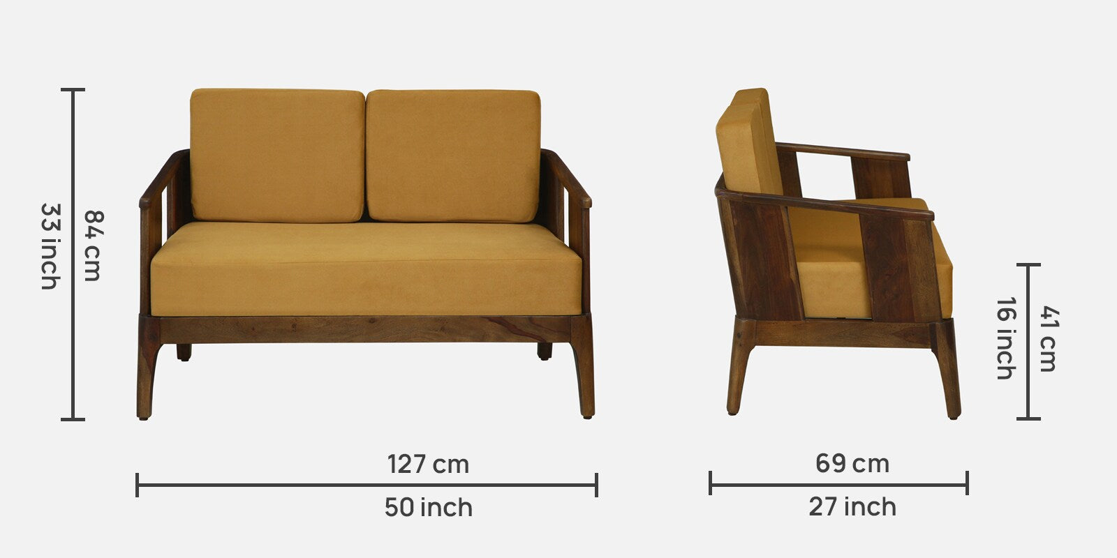 Bano Sheesham Wood 2 Seater Sofa In Mustard Colour