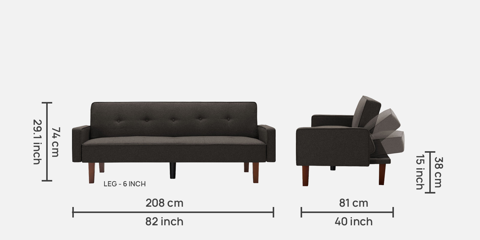 Nebia Fabric 3 Seater Convertible Sofa Cum Bed In Dark Brown Colour - Febonic Living