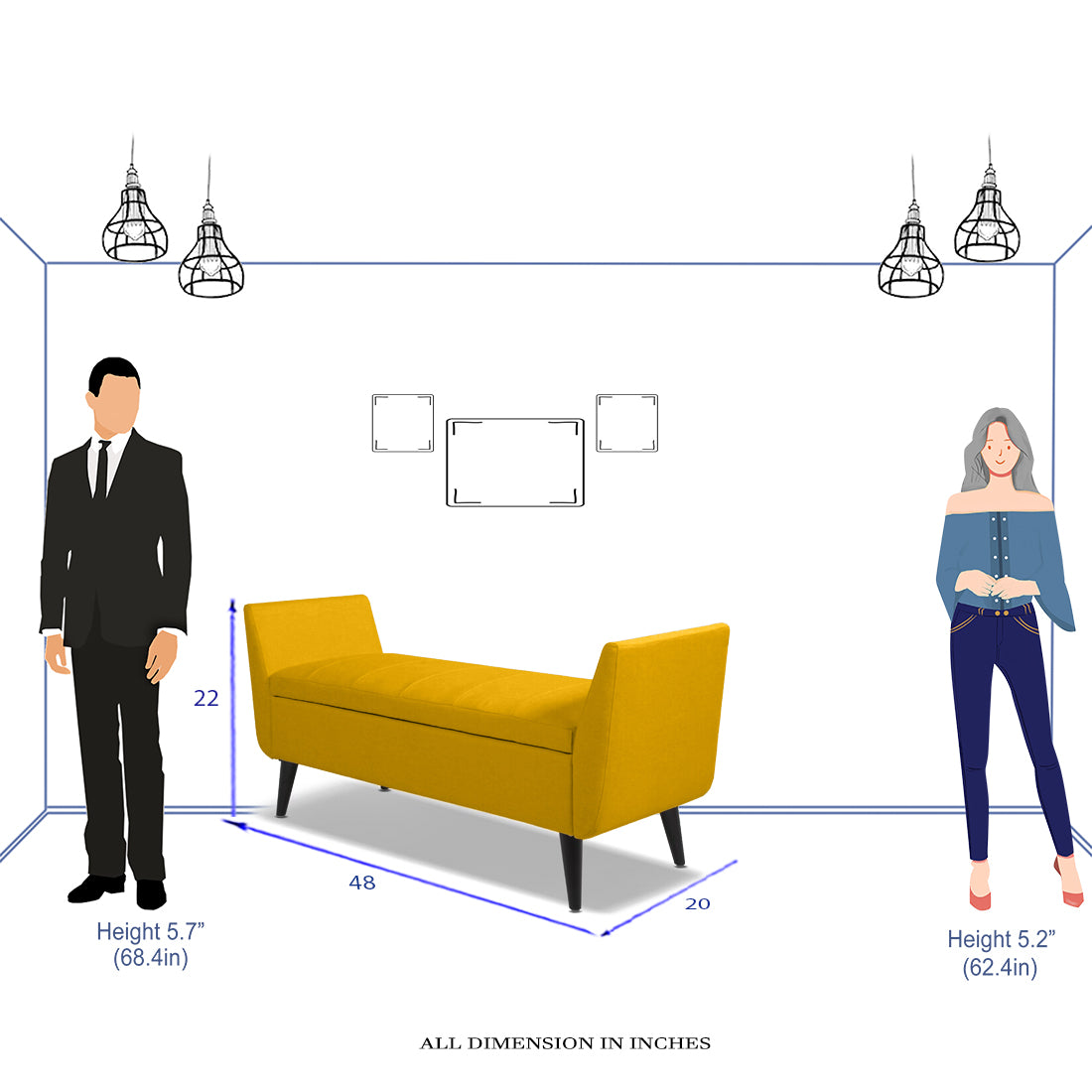 Gabreil Fabric 2 Seater Recamier In Bold Yellow Colour With Storage - Febonic Living
