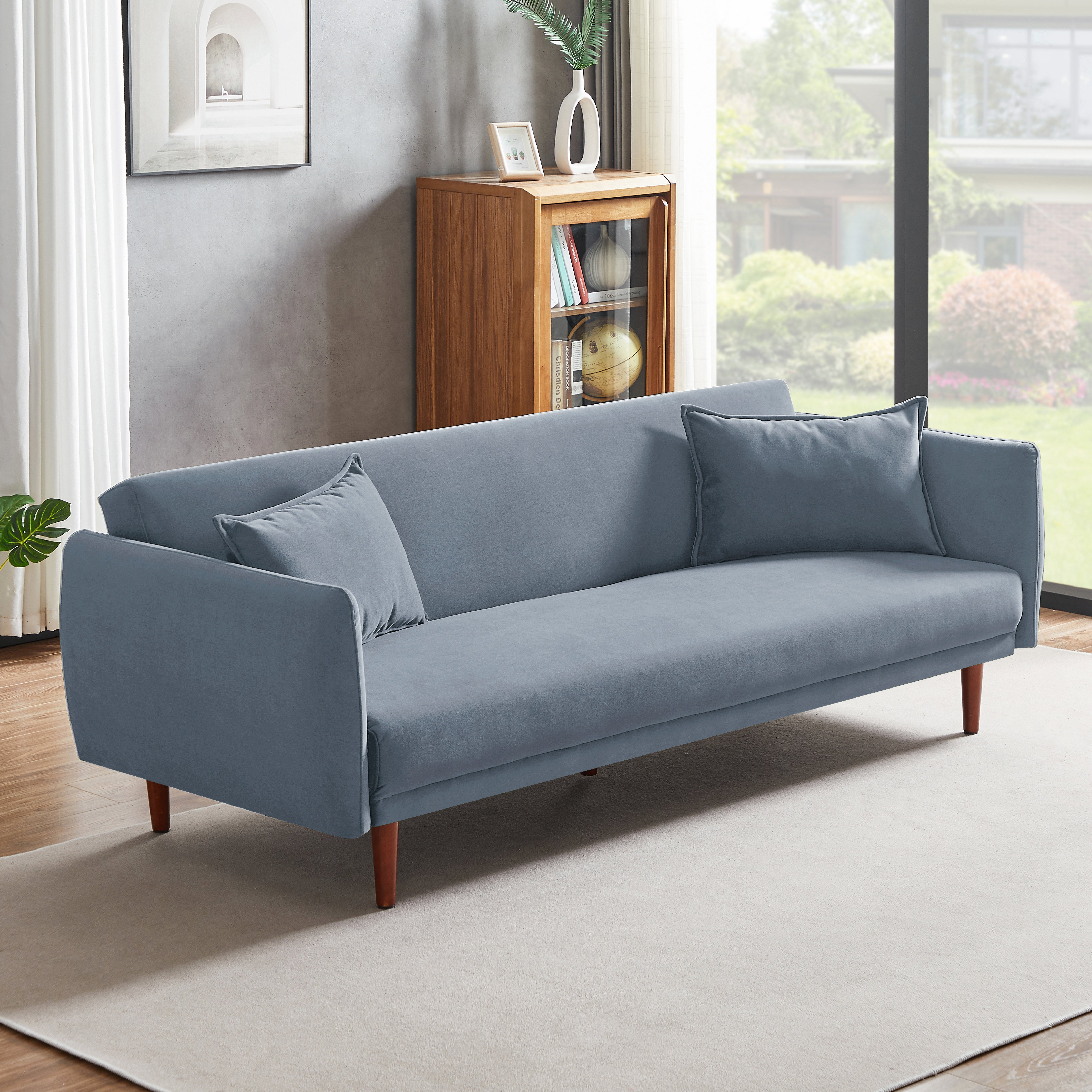 Aster Velvet 3 Seater Convertible Sofa Cum Bed In Oxford Blue Colour - Febonic Living