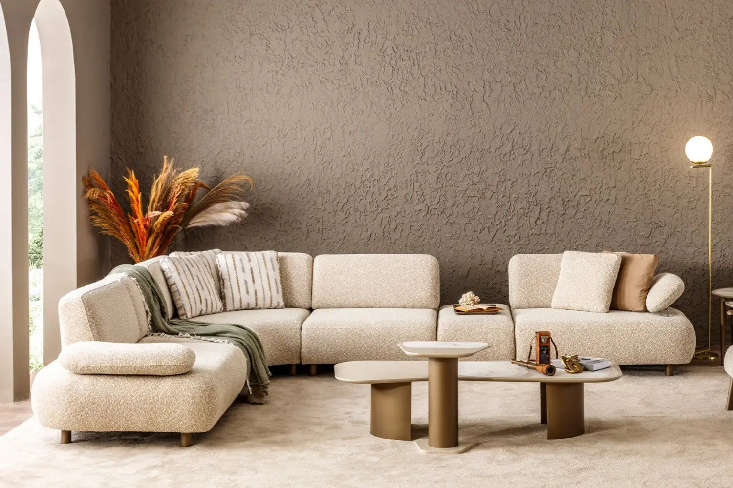 Elf Boucle Fabric 6 Seater Corner Sofa In Mushroom Grey Colour Febonic Living